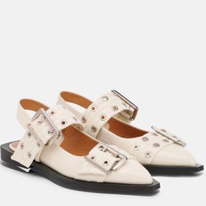 GANNI - White Wide Welt Buckle Ballerinas Size 38 (US 8)